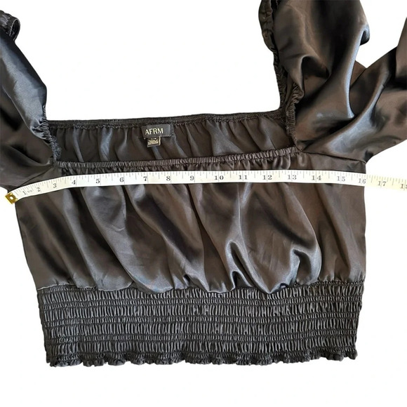 AFRM Satin Peasant Shirt Top Long Puff Sleeve Cropped Ruched Black Large Revolve - Picture 4 of 8